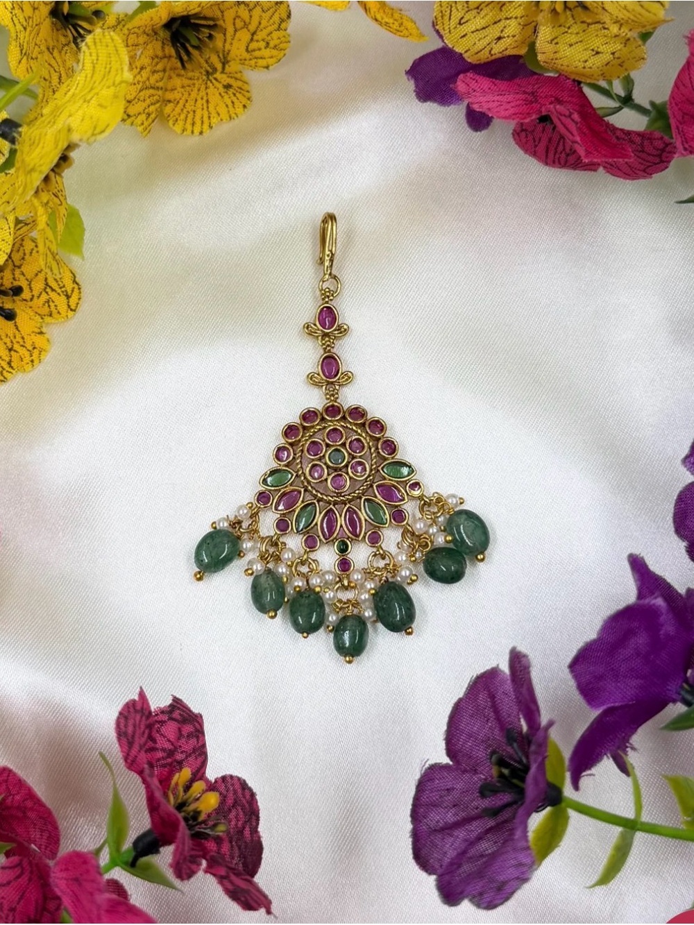 Gold-Tone Green & Pink Stone Chandbali Pendant for Women